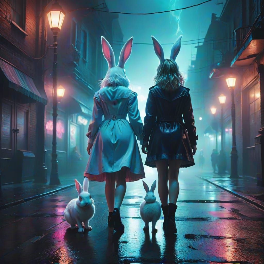 Surreal Alice Follows White Rabbit Through Dystopian City