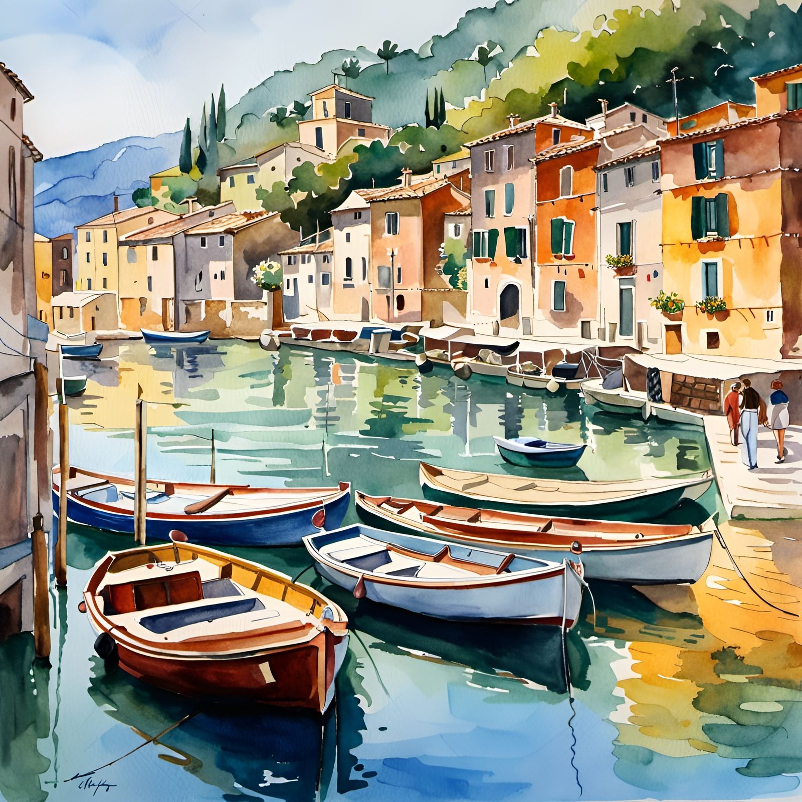 Watercolor Painting of Boats Docked in a Harbor
