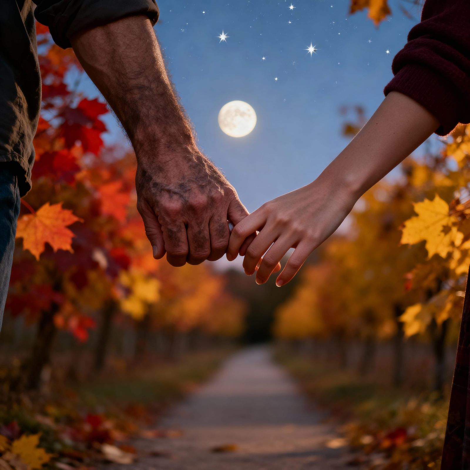 Couple's Hands in Autumn Evening Under Moonlit Sky