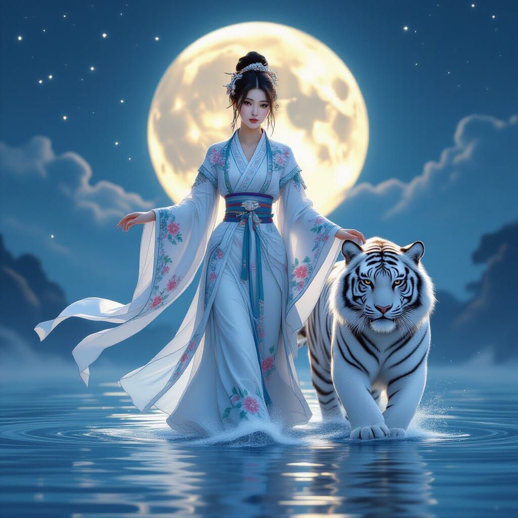 Hanfu Woman and White Tiger Walking on Water