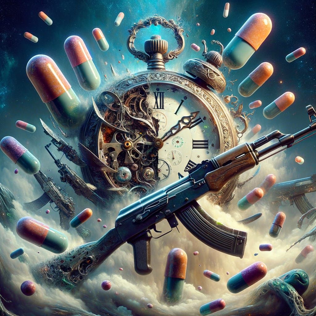 Surreal Broken Clock with Firearms and Capsules
