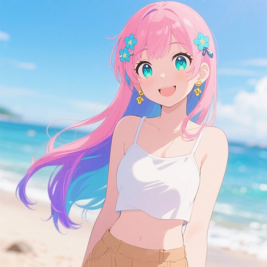 Anime Character with Pink to Blue Hair on Beach