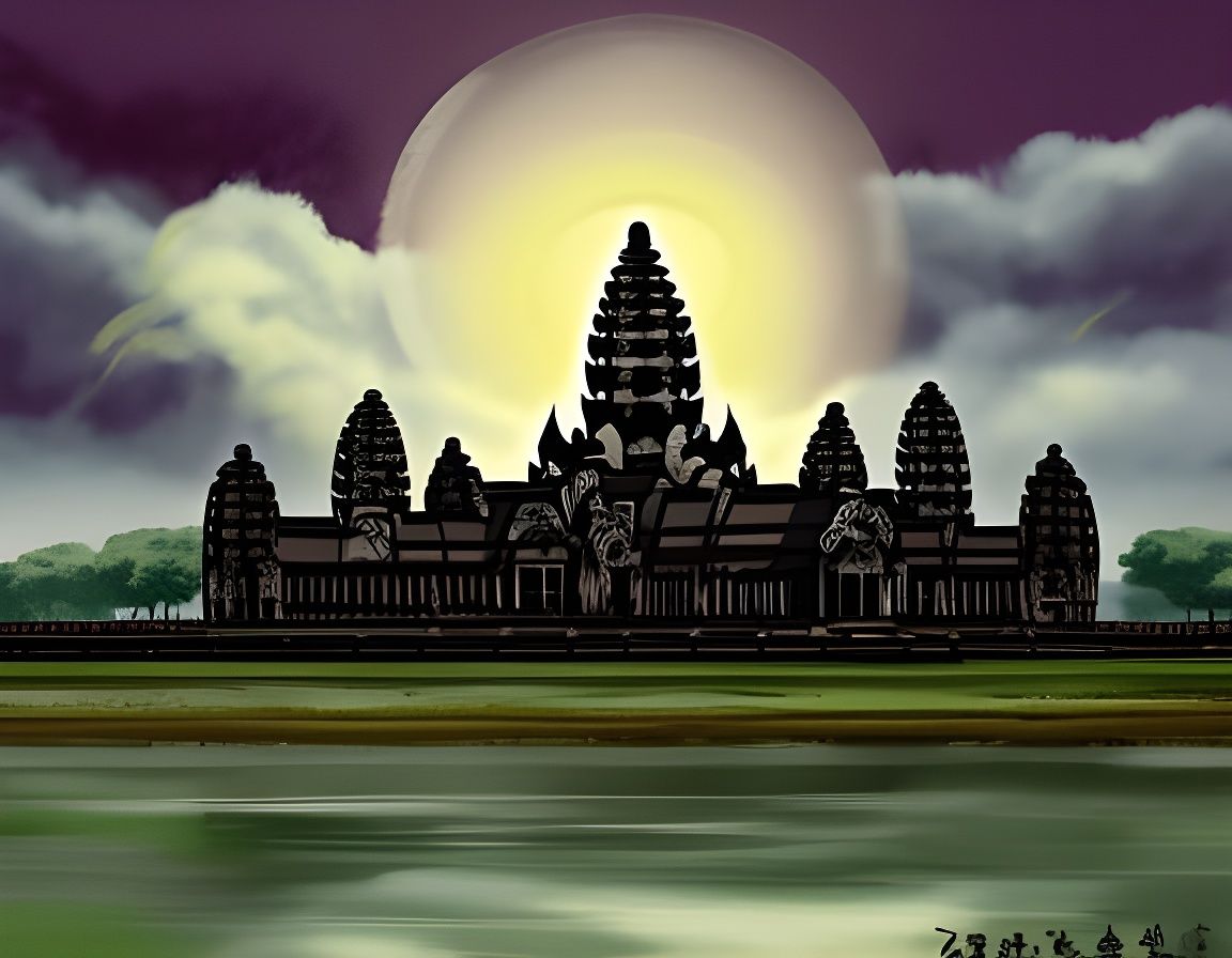 Angkor wat temple on a island stormy weather by artist "anim...