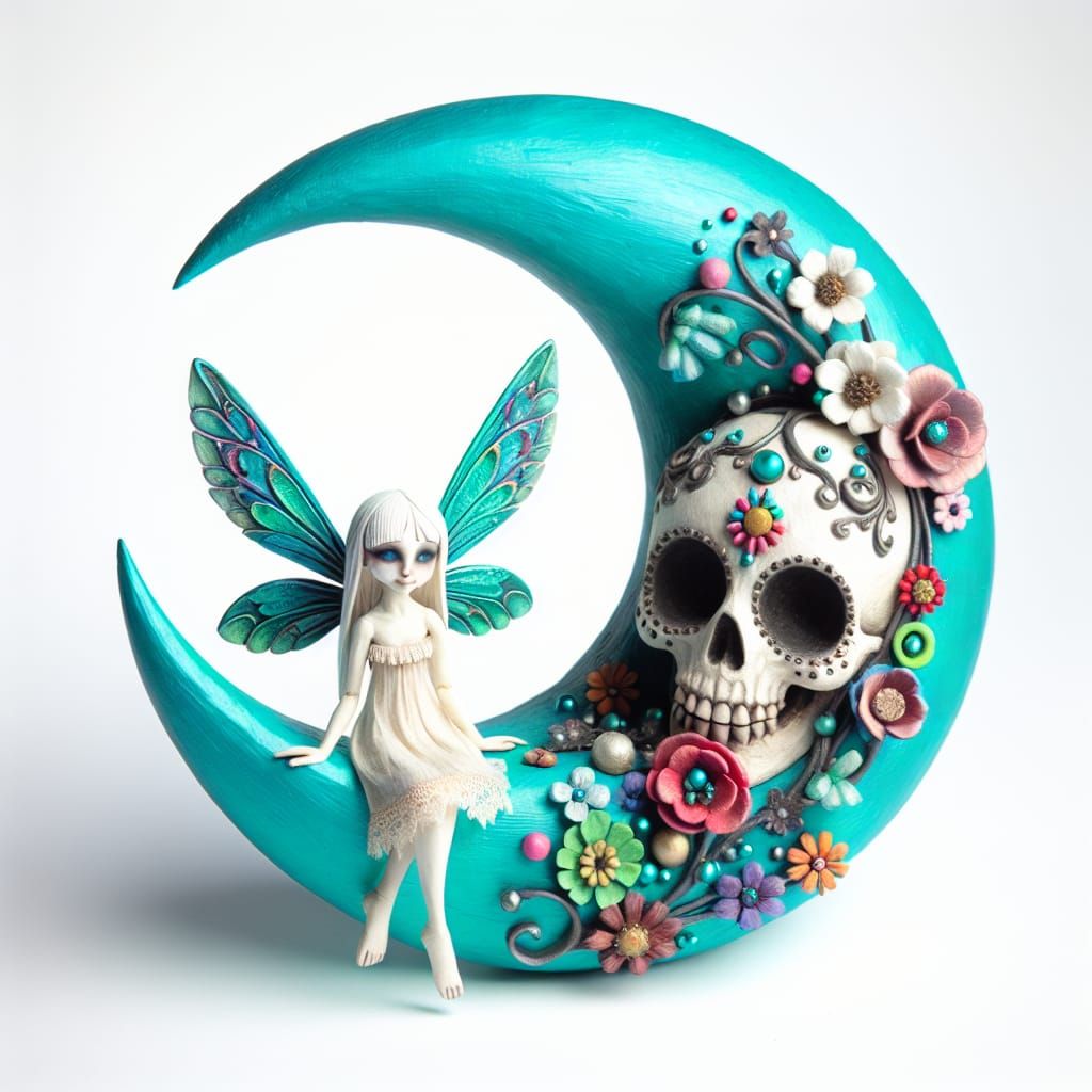 Fairy on Crescent Moon with Skull and Flowers