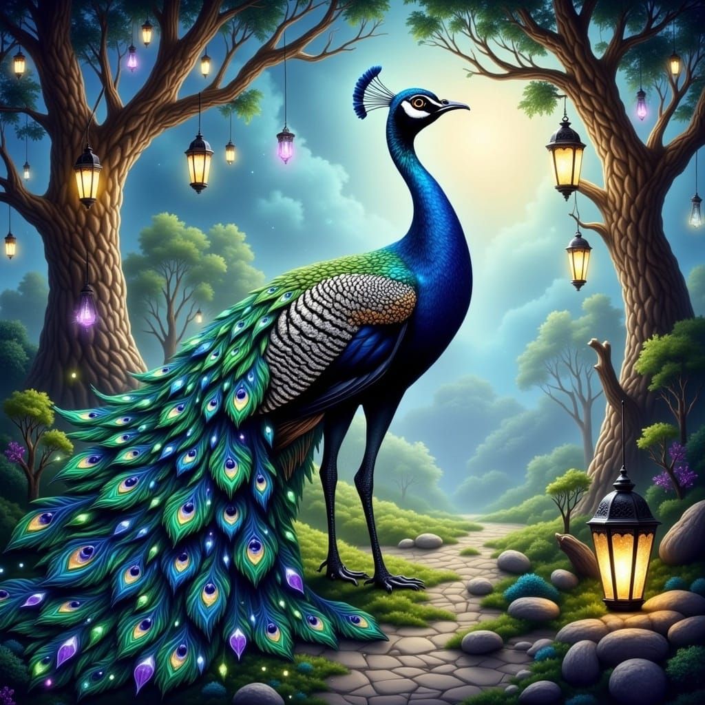 mystical bright-colored peacock in magical forest