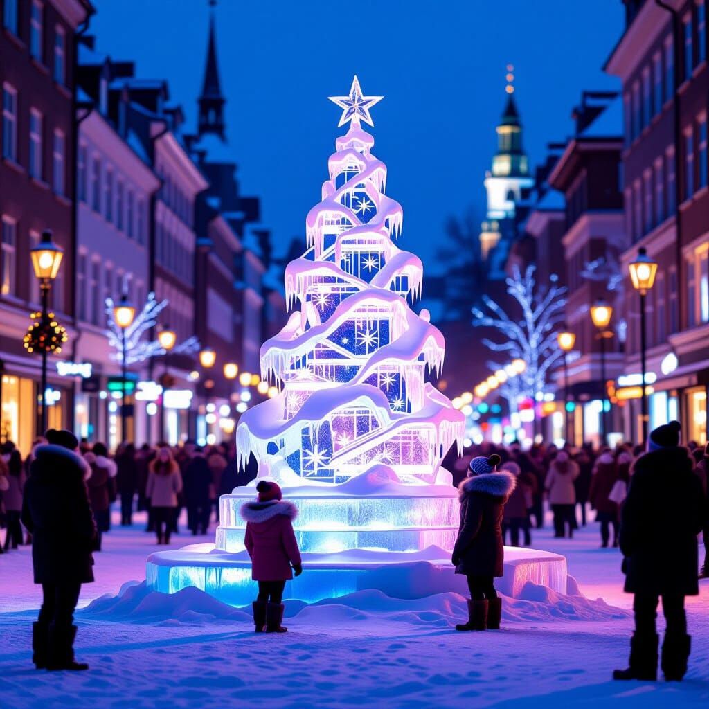 Intricate Ice Sculpture in Snowy City Square at Night