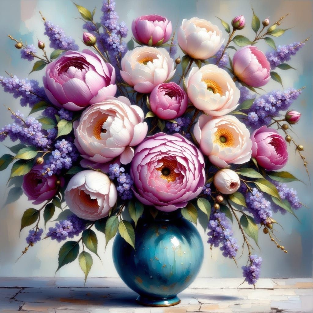 Vibrant Impasto Oil Painting of Blooming Flowers in an Aged ...