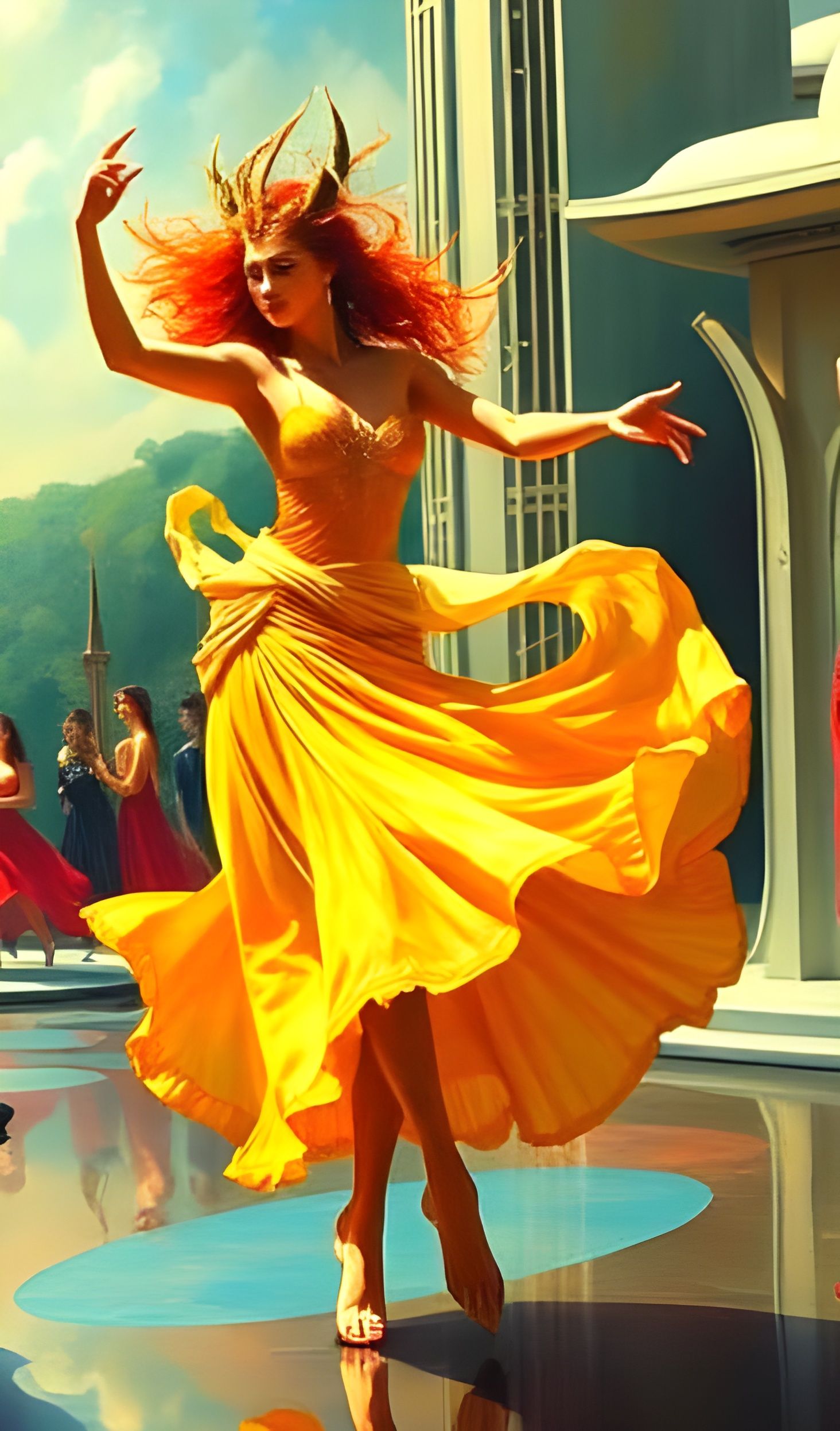 Surreal Celebration Dance in Crimson and Yellow