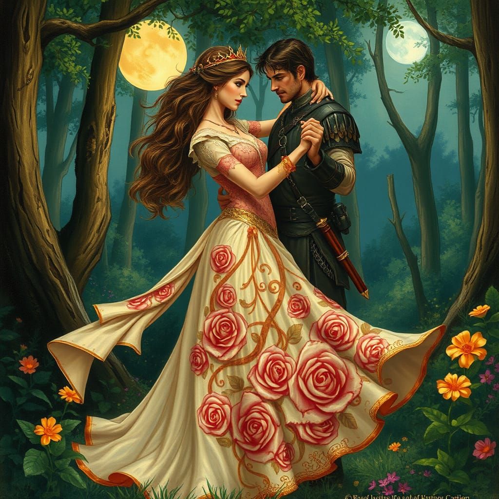 Goddess in Elegant Rose Pattern Gown Dancing with Warrior in...