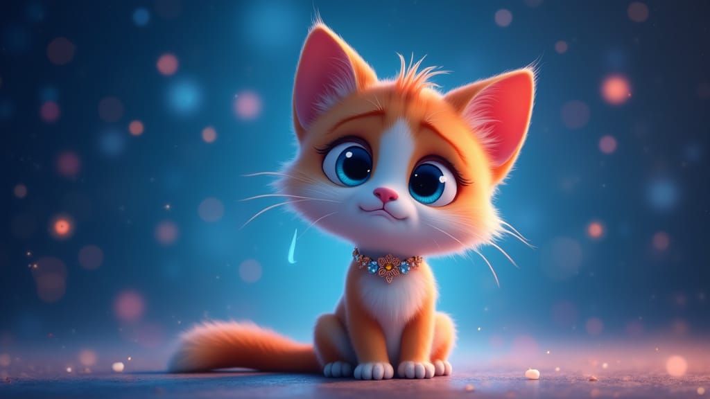 Sad Cartoon Cat in Starry Night Sky