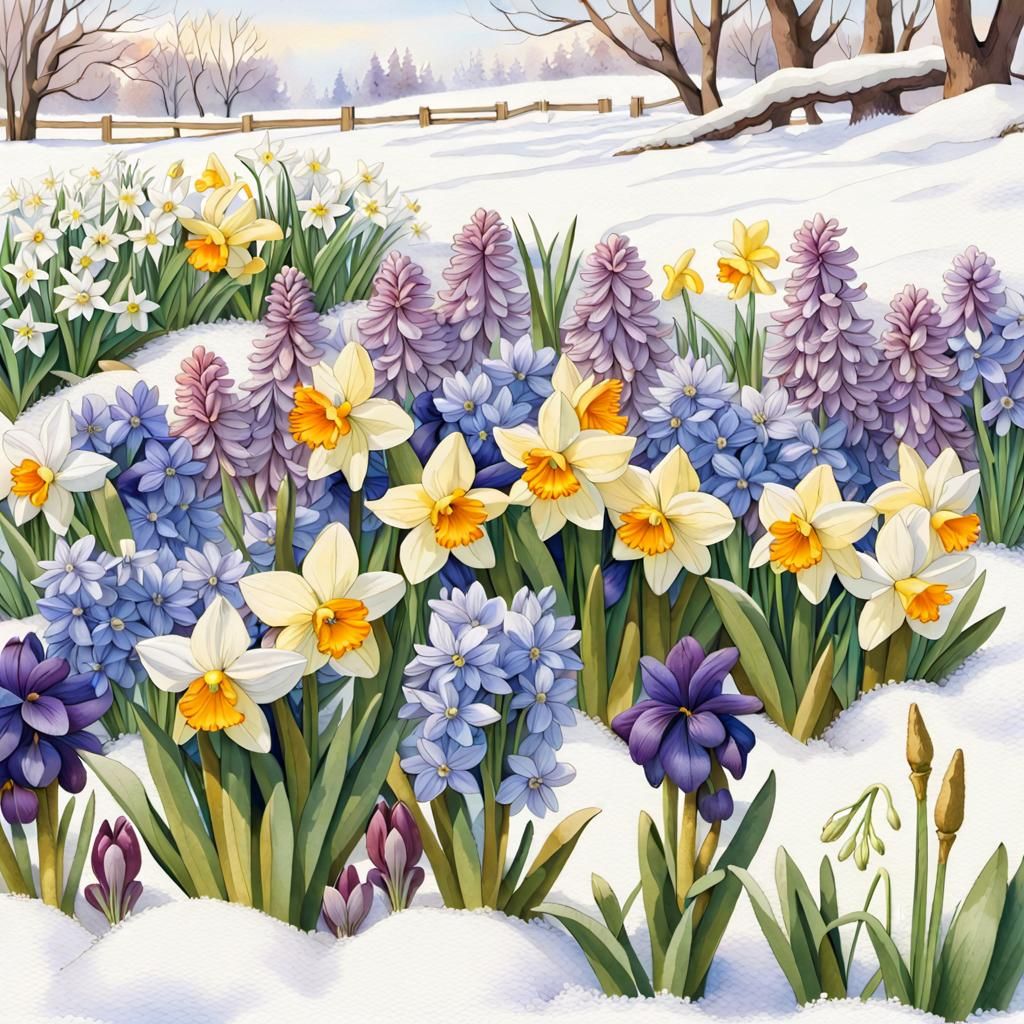 Spring Flowers Bloom Through Snow: Watercolor Painting