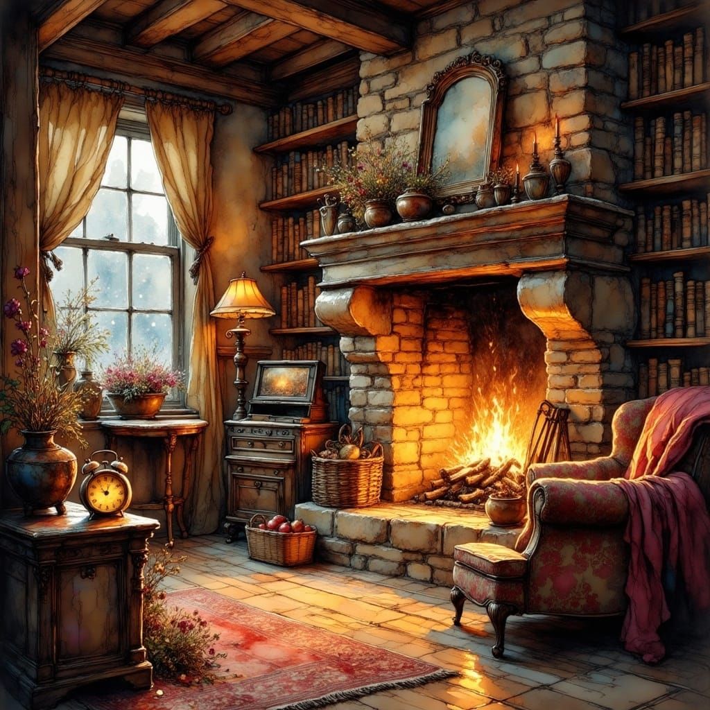 Cozy Winter Scene with Fireplace and Snowfall