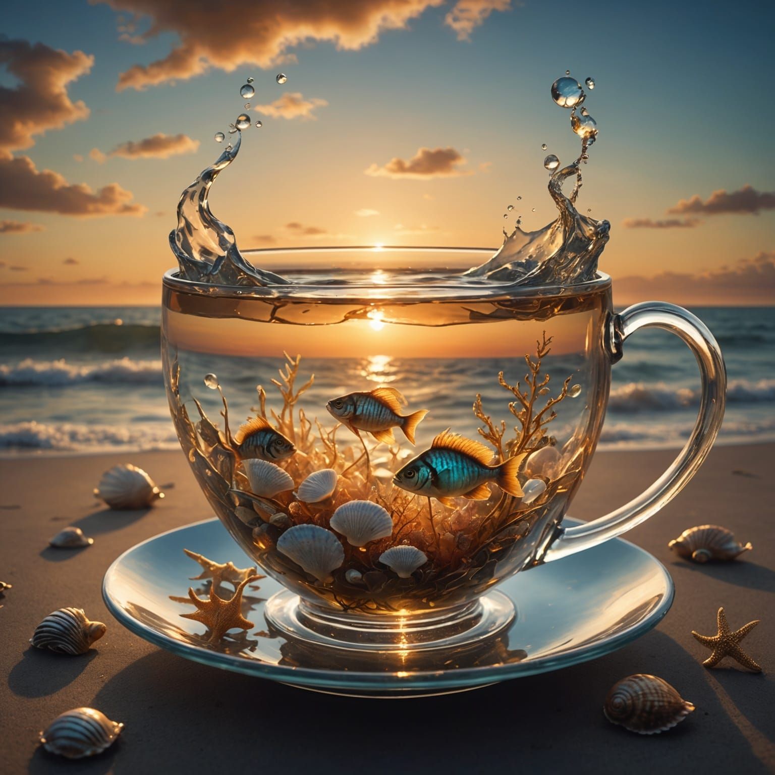 Fish Swimming in Teacup at Sunset