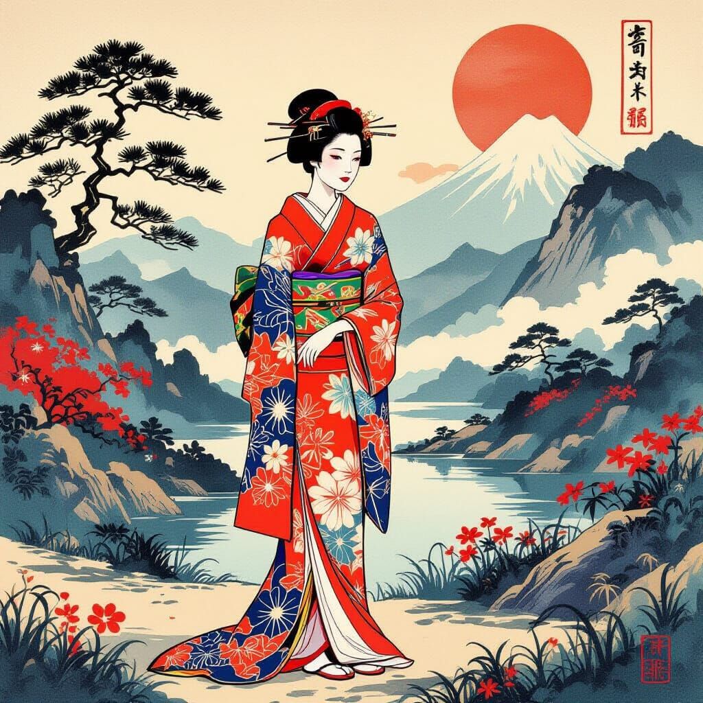 Kimono in Japanese Landscape, Ukiyo-e Style