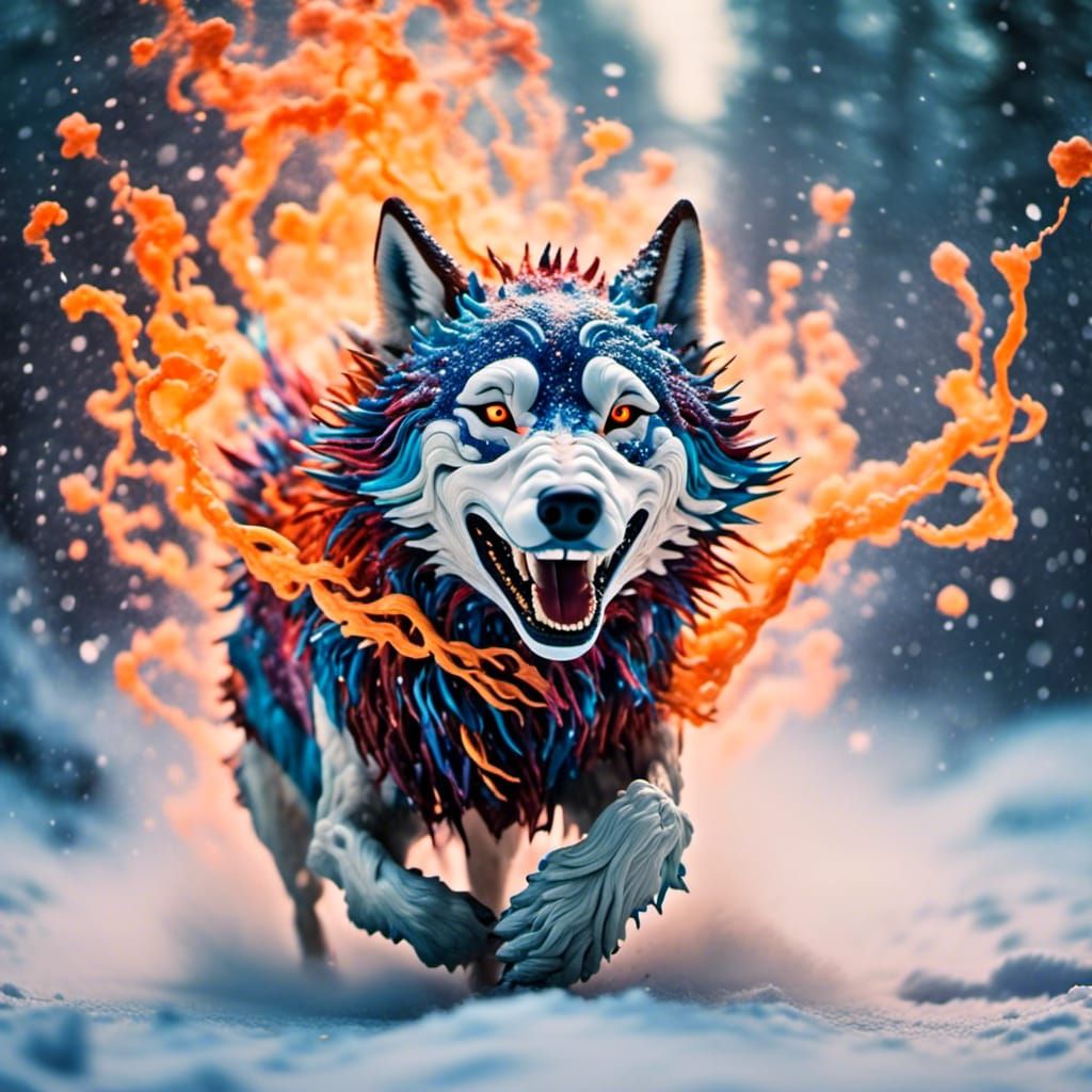 Wolf running through snow-covered fire,