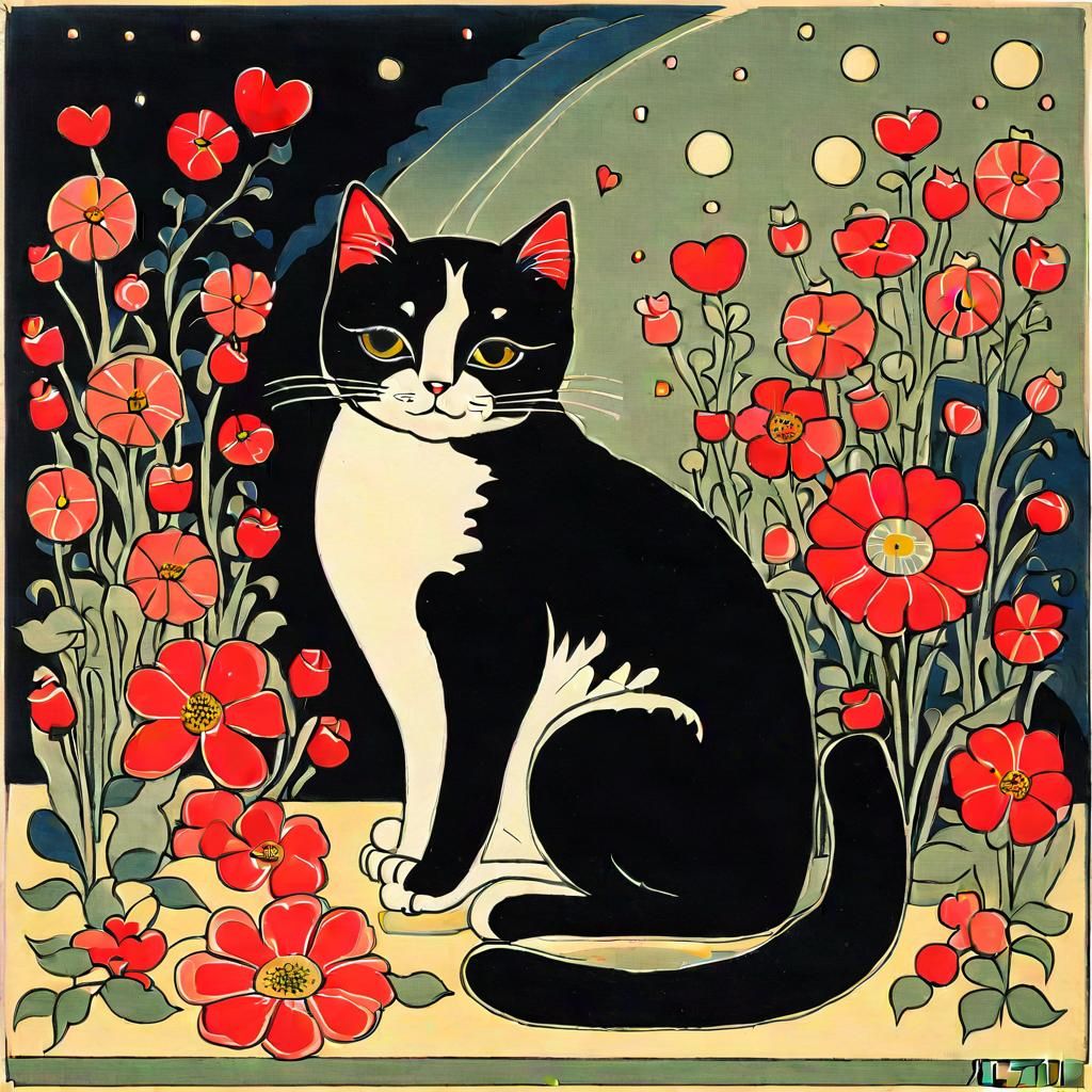 Whimsical Neo-Impressionist Cat in a Floral Oasis