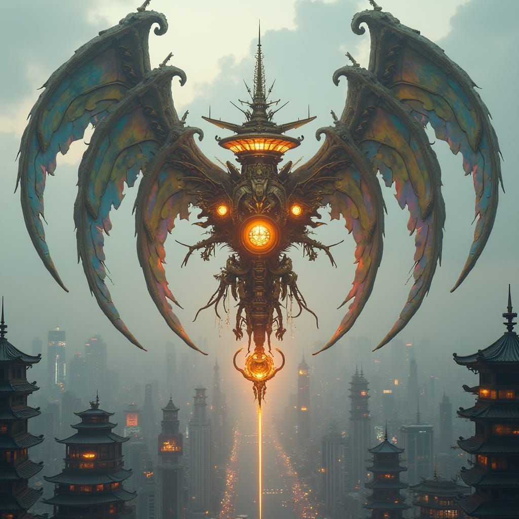 Gothic Lantern with Angel Wings Over Tokyo