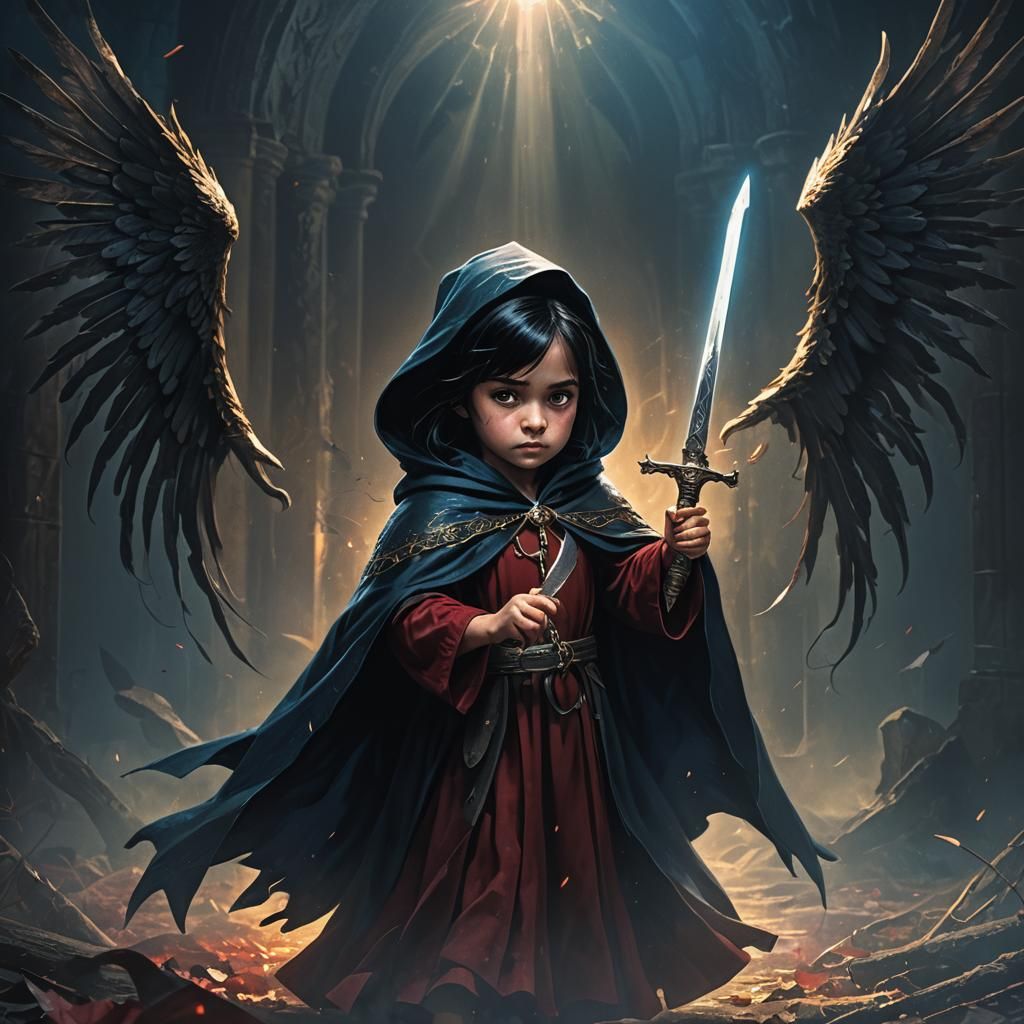 Dark Fantasy Child Wizard with Angel Wings