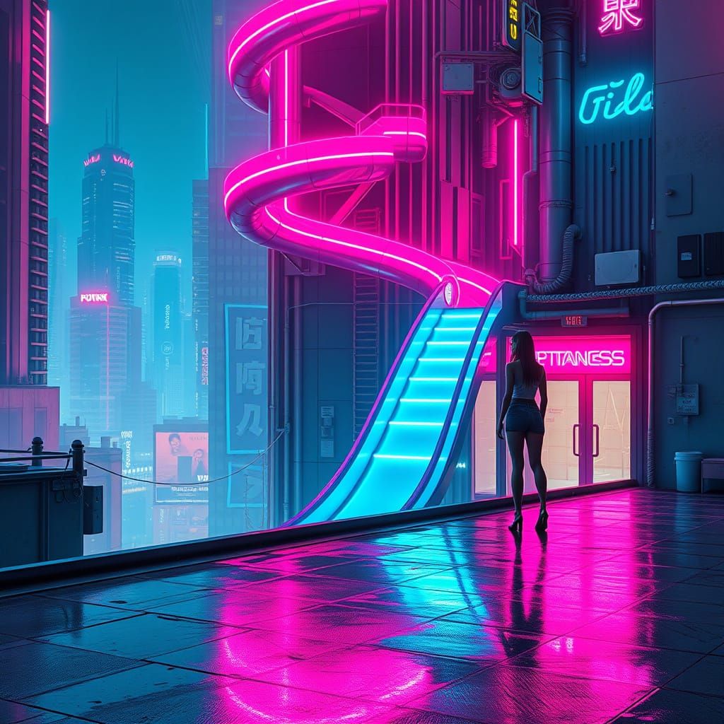 Cyberpunk City Rooftop with Neon Slide