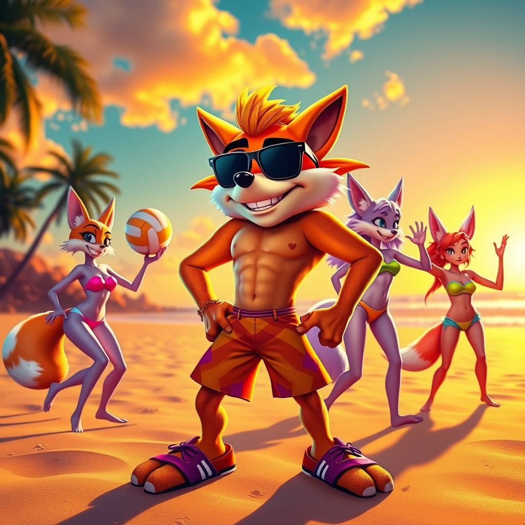 Crash Bandicoot and Fox Girls on Synthwave Beach