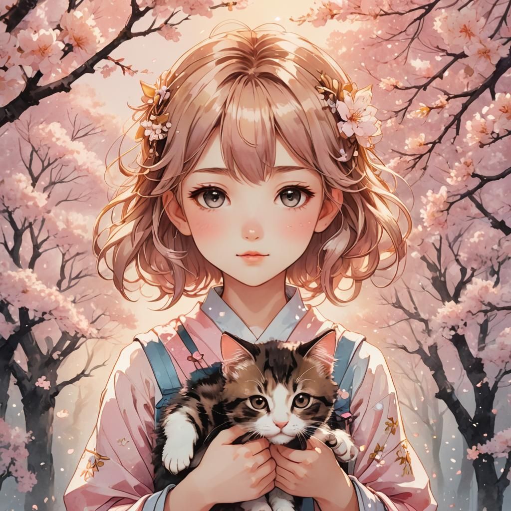 Anime Girl with Kitten in Watercolor Style