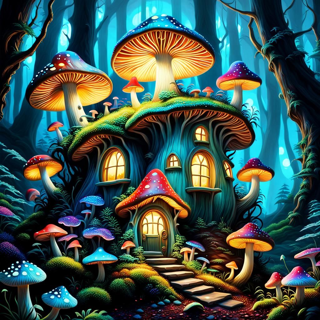 Enchanted Bioluminescent Mushroom House in Ethereal Forest