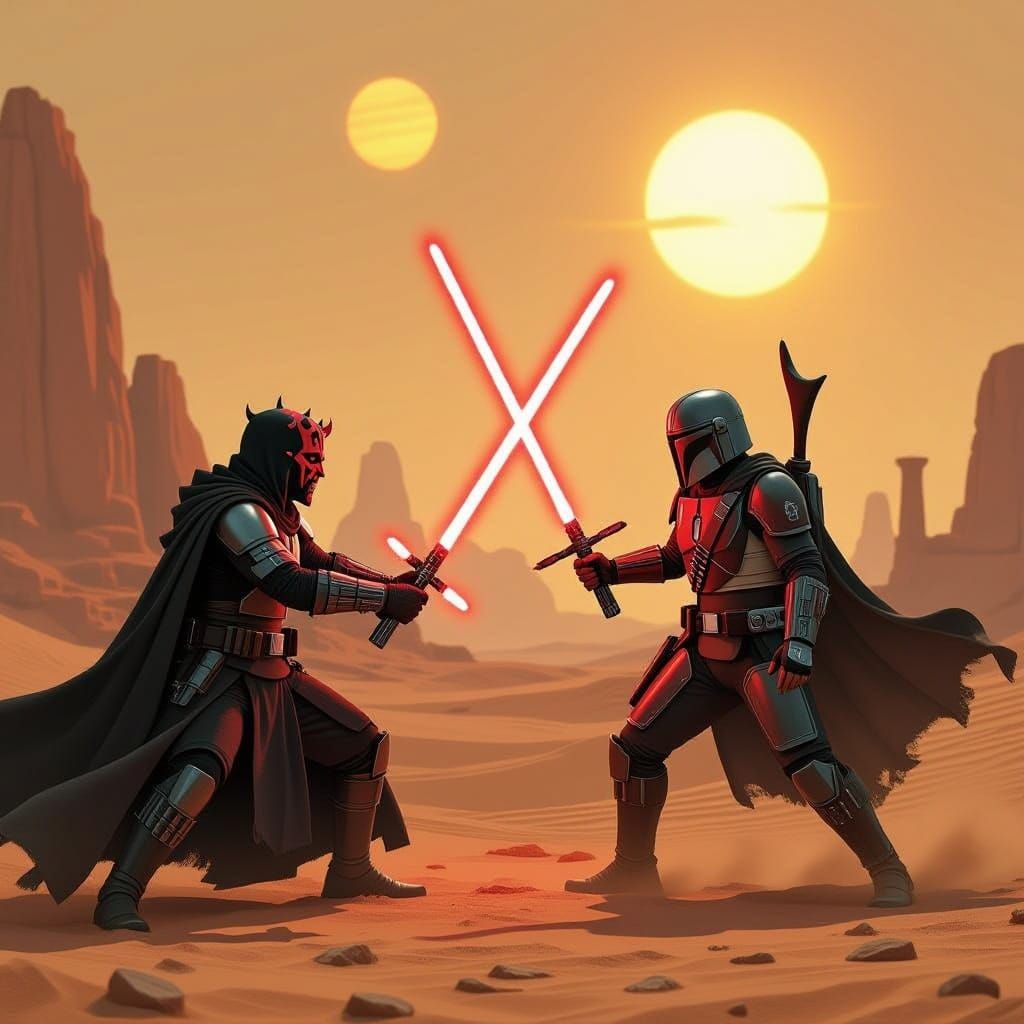 Epic Lightsaber Duel: Maul vs Mandalorian in Desert Ruins