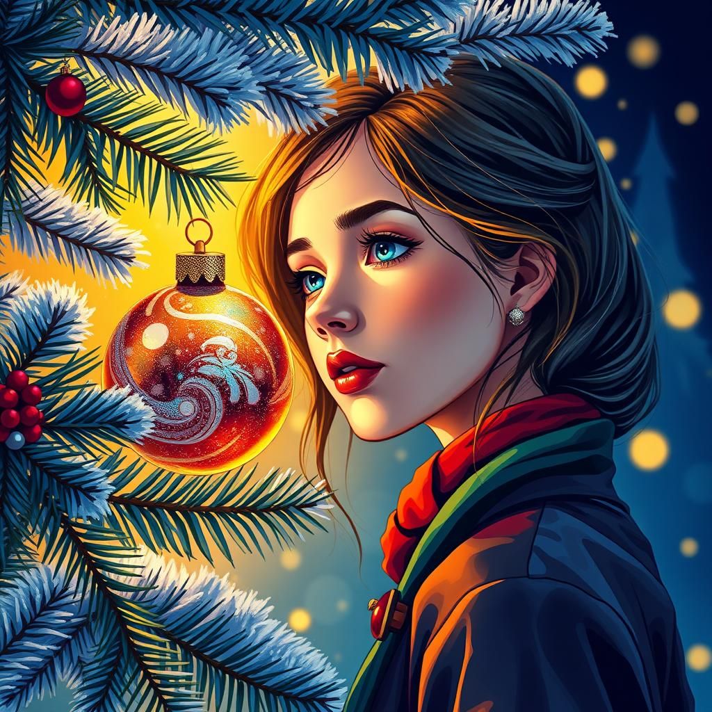 Festive Girl with Christmas Ornament in Concept Art Style