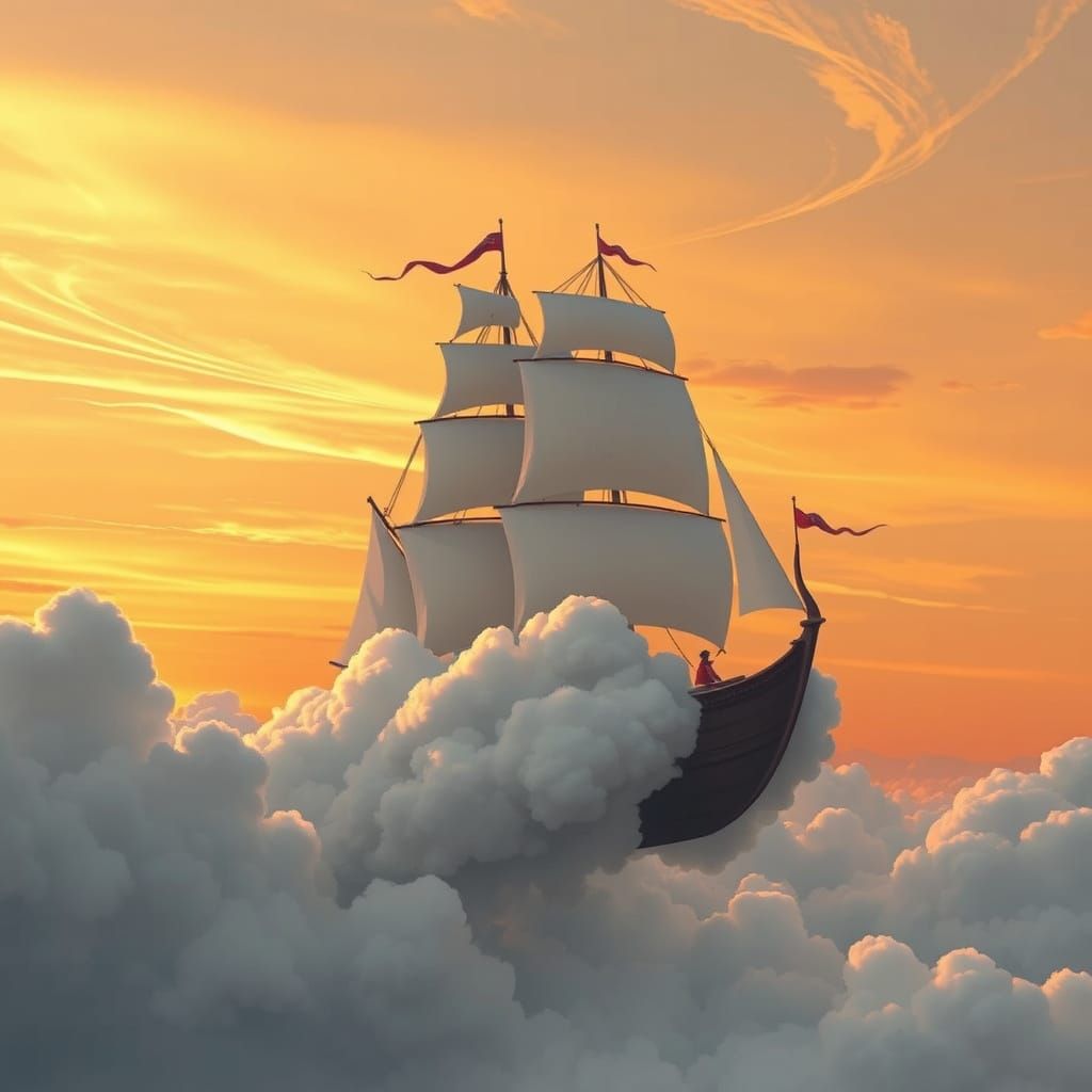 Cloud Ship Sailing at Sunset, Dreamy Art