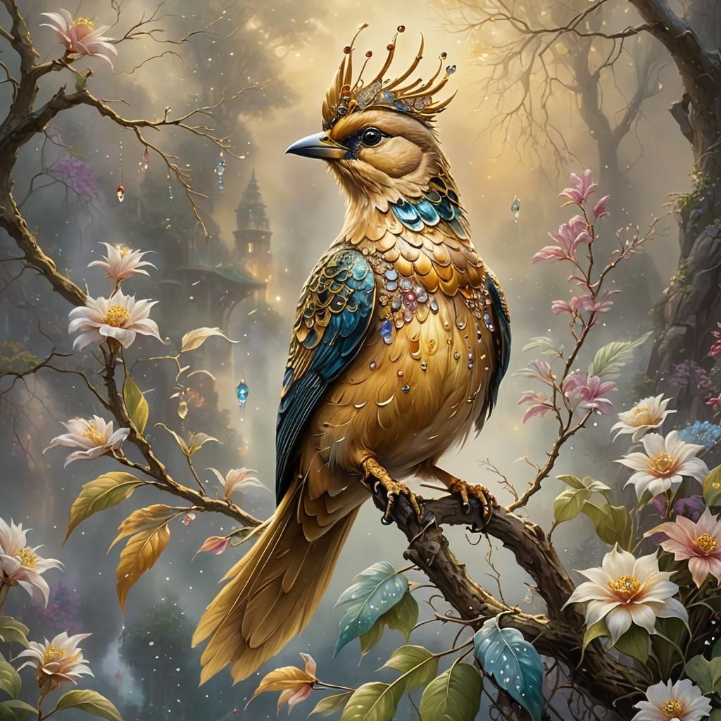 Mystical Golden Bird in Ethereal Fantasy Landscape