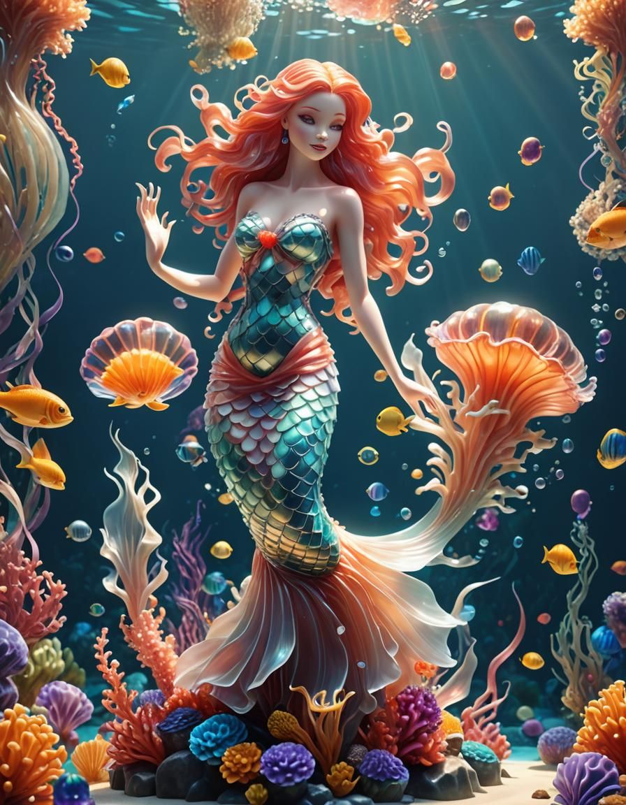 Elegant Mermaid Jelly Sculpture in Underwater Scene