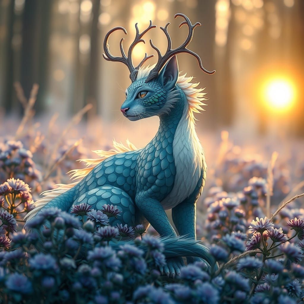 Whimsical Dragon-Cat Amidst Winter Aster Field
