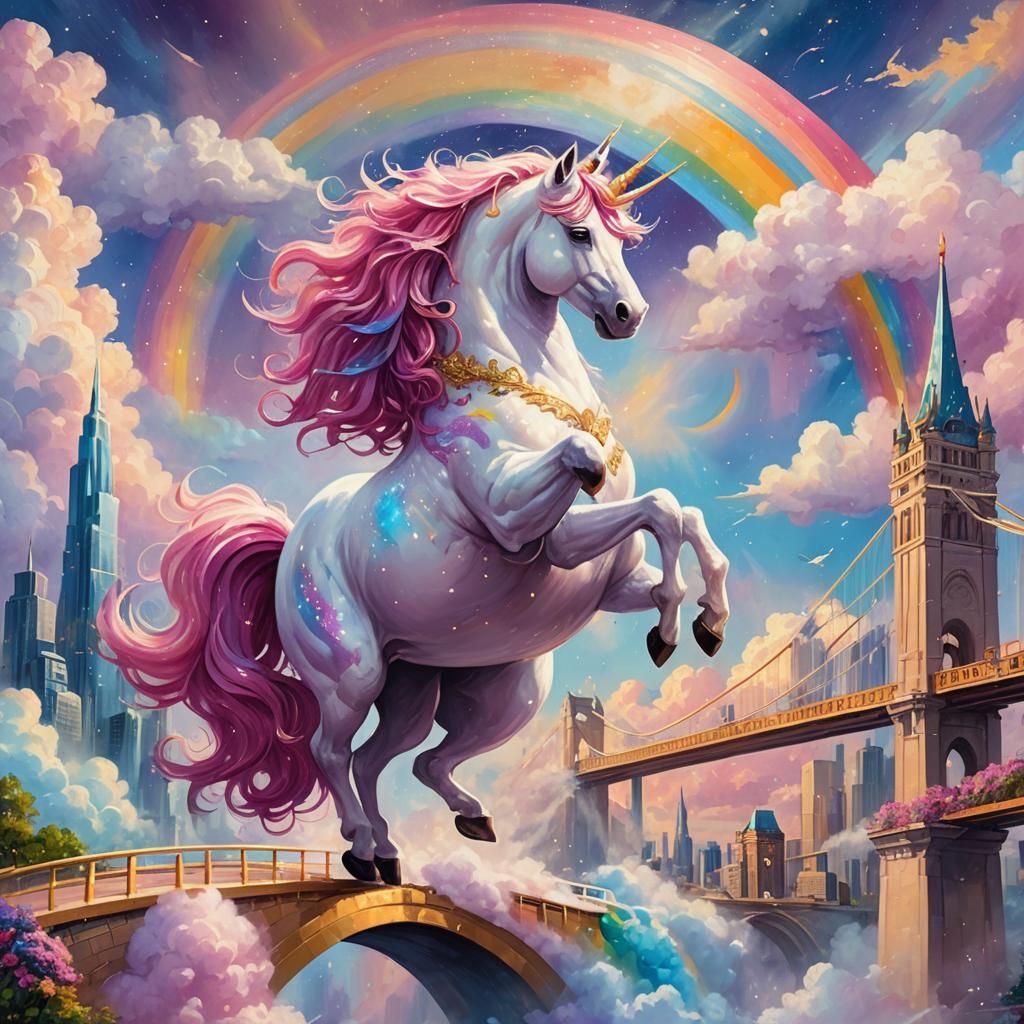 Pink Unicorn Dances to Cloud City: Fantasy Oil Painting