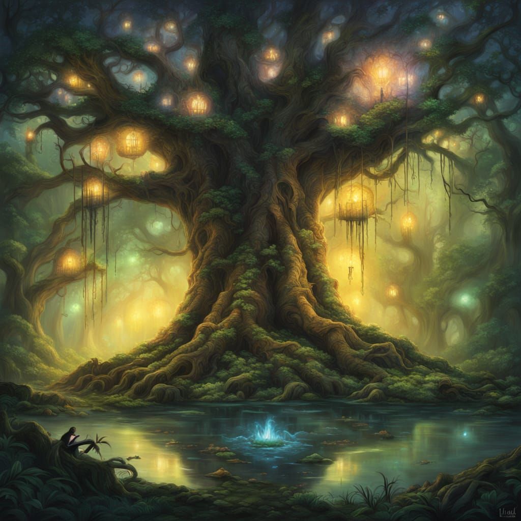 Ancient Tree Roots Entwined With Ruins In Magical Forest