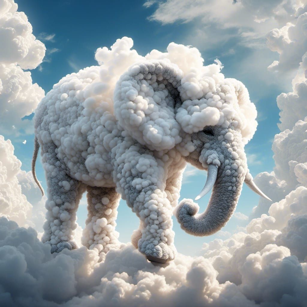 Fluffy White Cloud Elephant in Dreamlike Style
