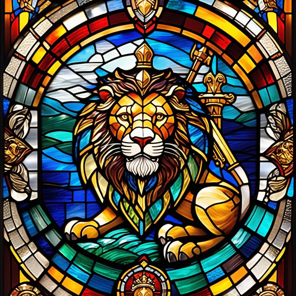 Stained Glass: Lion and Knight in Magical Light