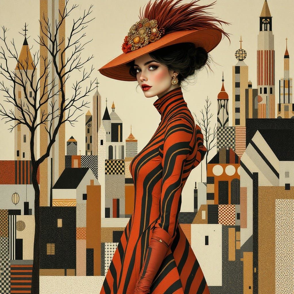 Ornate Victorian Lady in Red Striped Dress, Surreal Cityscap...