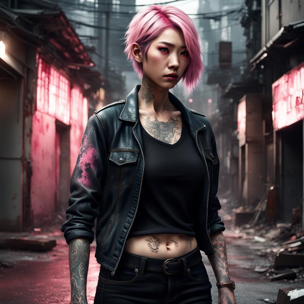 Tattooed Japanese Bodyguard in Alley: Digital Matte Painting