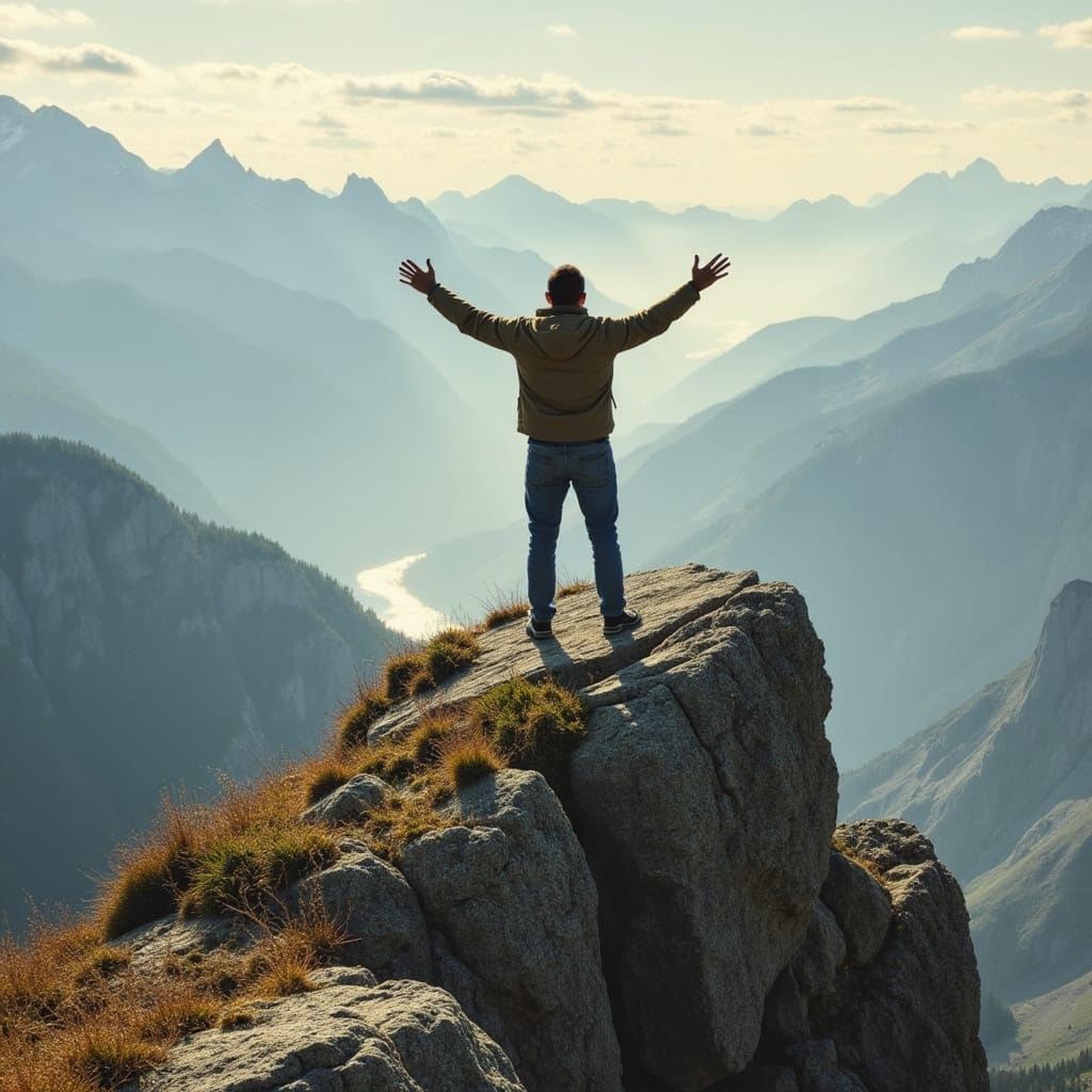 Triumphant Figure on Mountain Summit in Romantic Realism