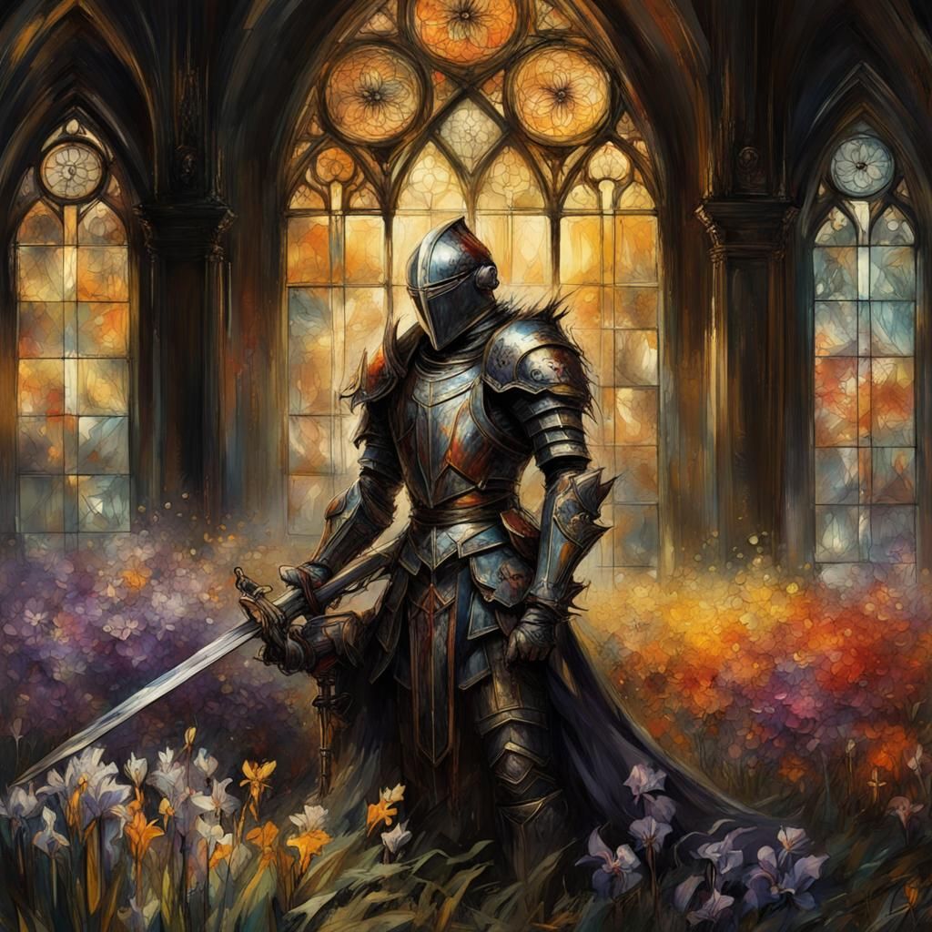 Gothic Knight in Floral Field: A Dark Fantasy Masterpiece