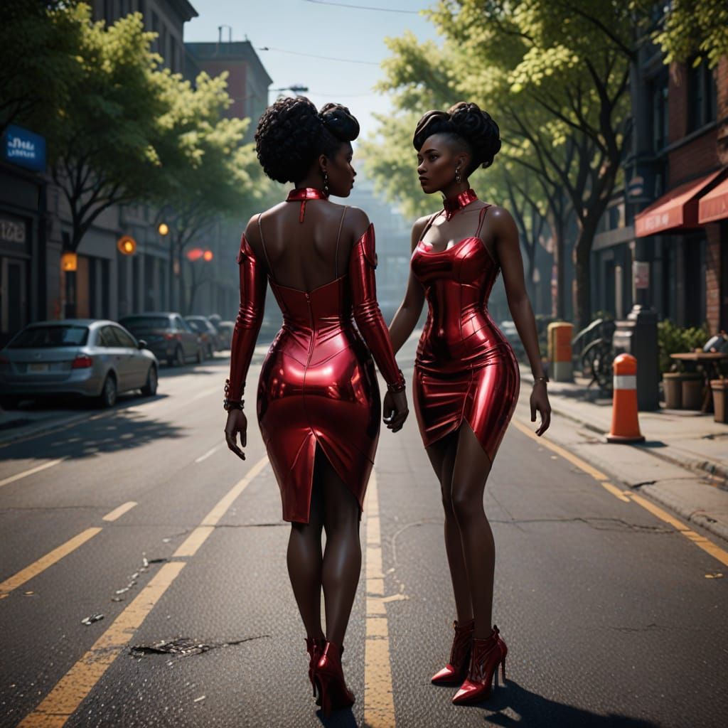 Ebony Goddesses in Red Latex Kissing on Public Road
