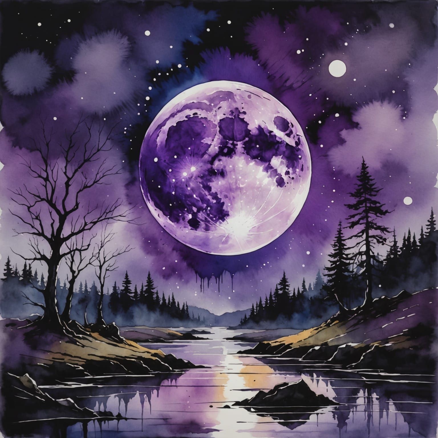 Surreal Purple Moonlit Scene in Watercolor and Ink