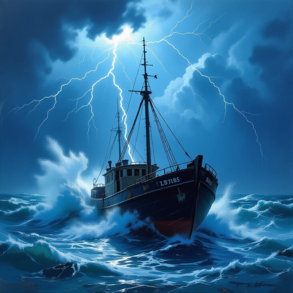 Old Boat Destroyed by Waves in Maritime Painting Style