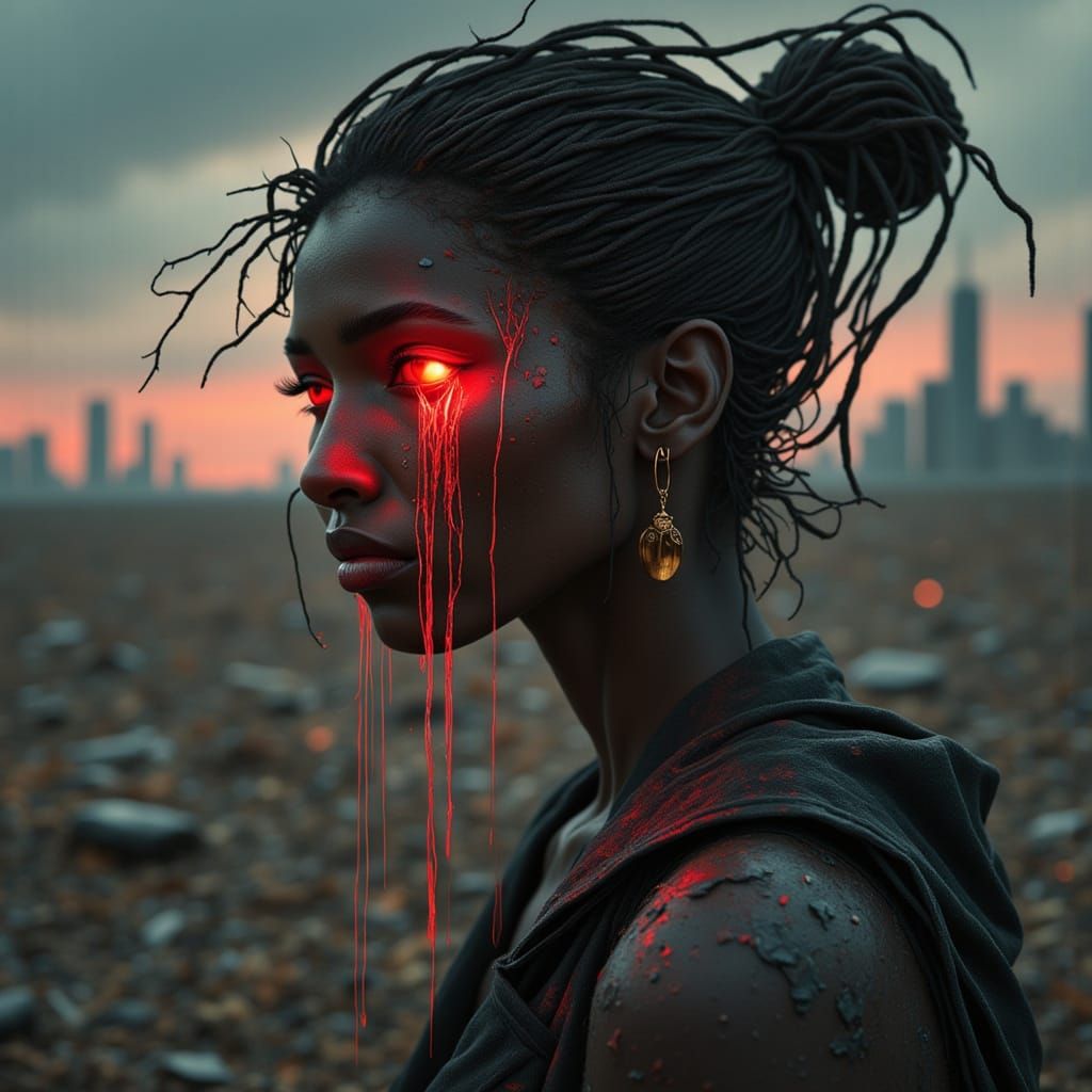 Ethereal Dystopian Landscape with Lone Figure in Neon Crimso...