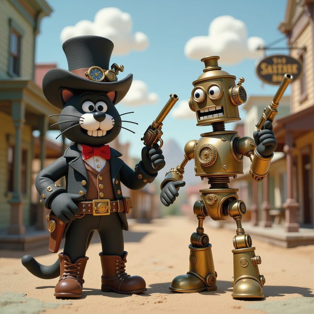 Steampunk Calico Cat and Robot in Claymation Style