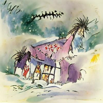 Whimsical Christmas Cottage Illustration