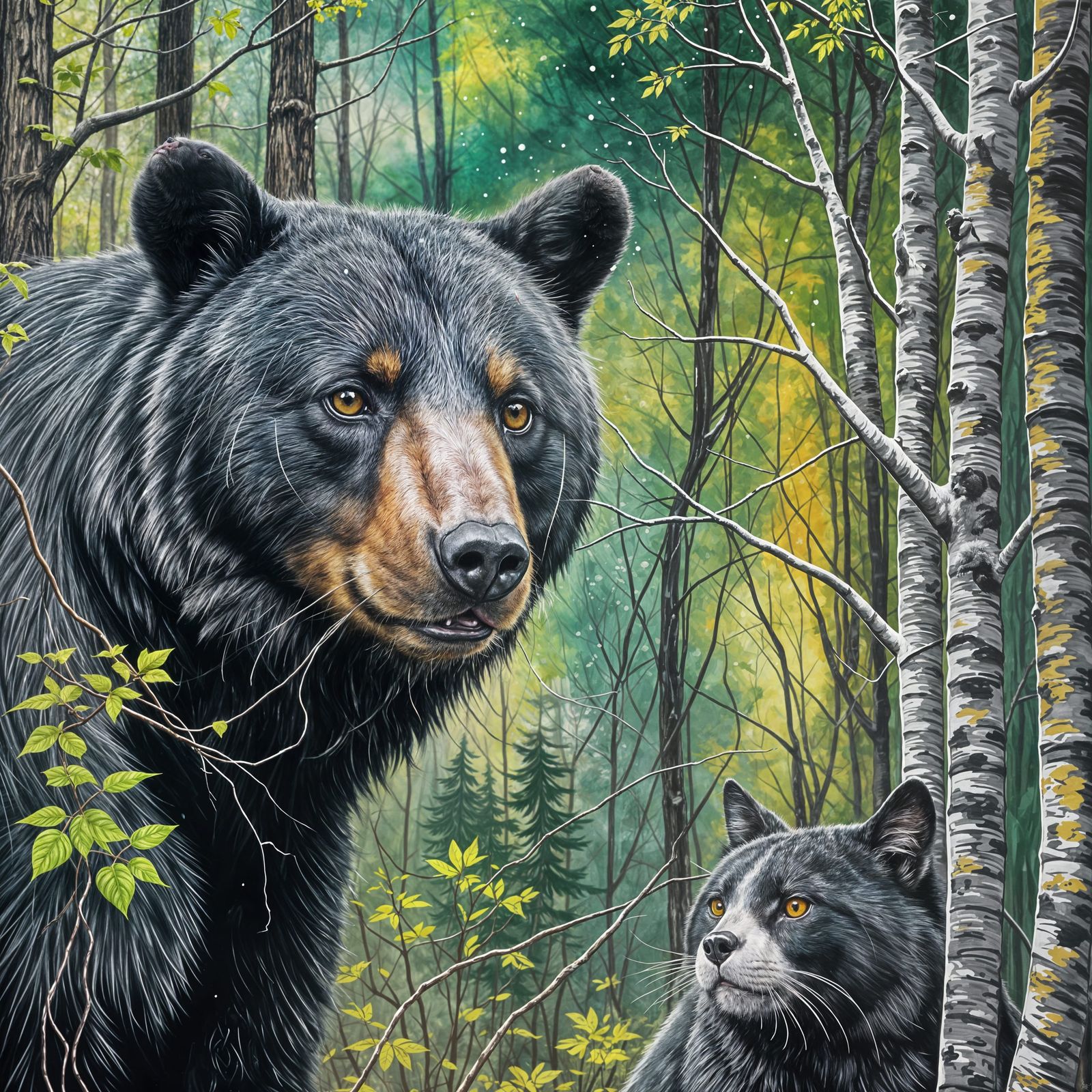 Friendly Black Bear and Cat Graffiti Art