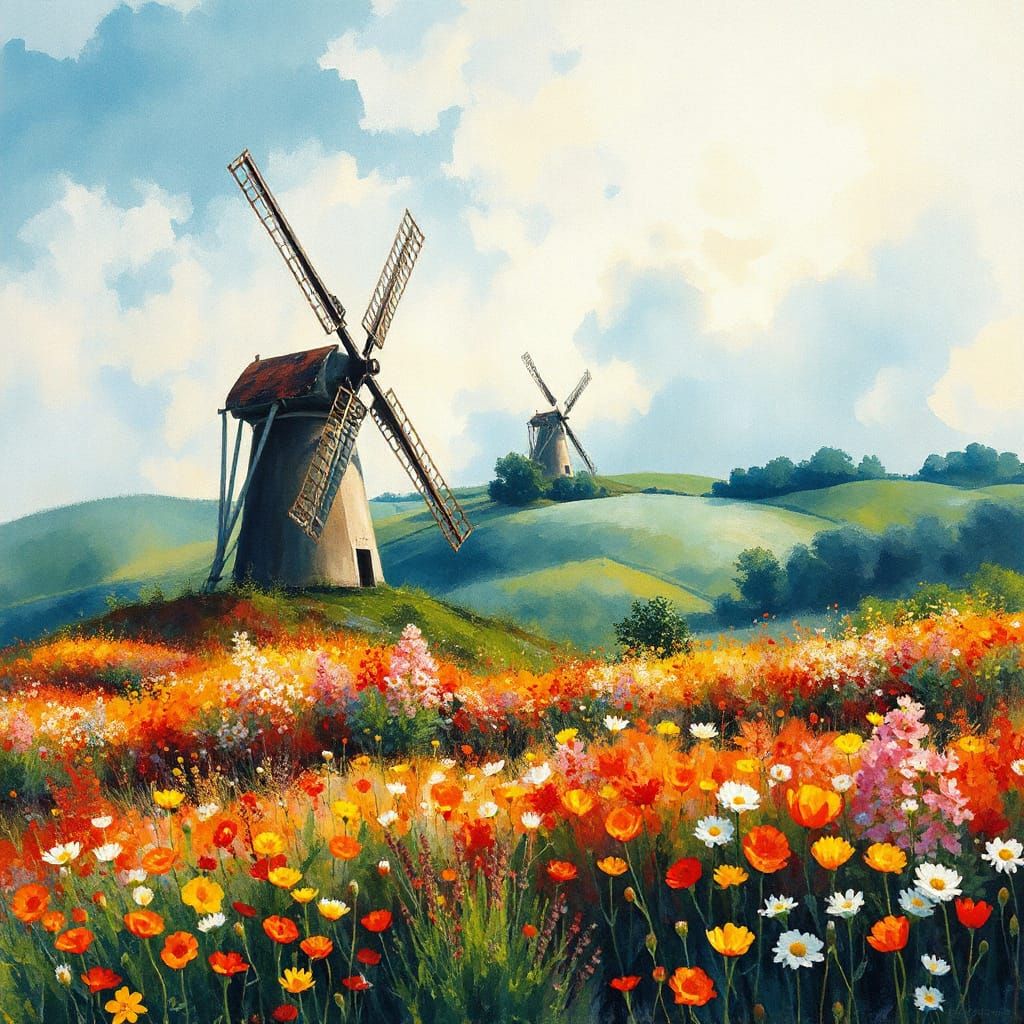 Vibrant Spring Windmill Scene in Fervent Watercolour Style