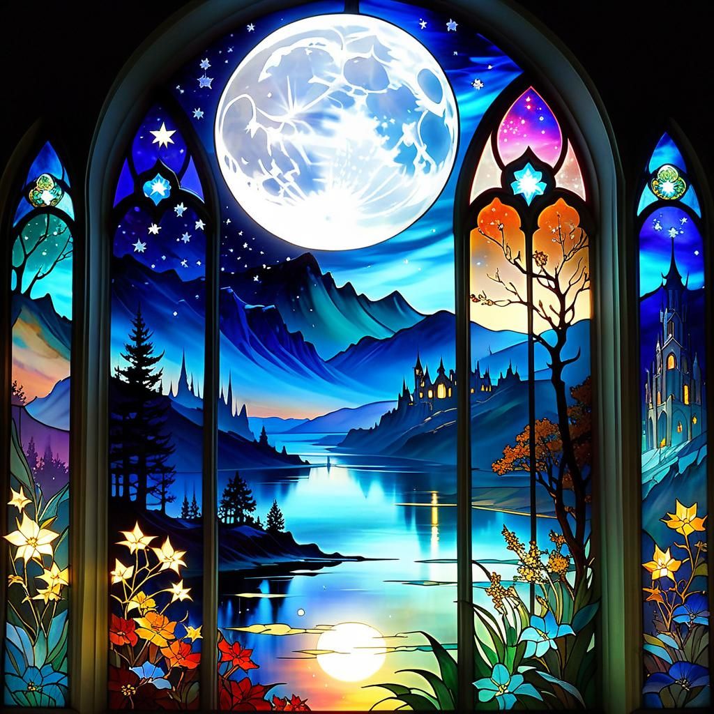 Stained Glass Night Scene in Art Nouveau Style