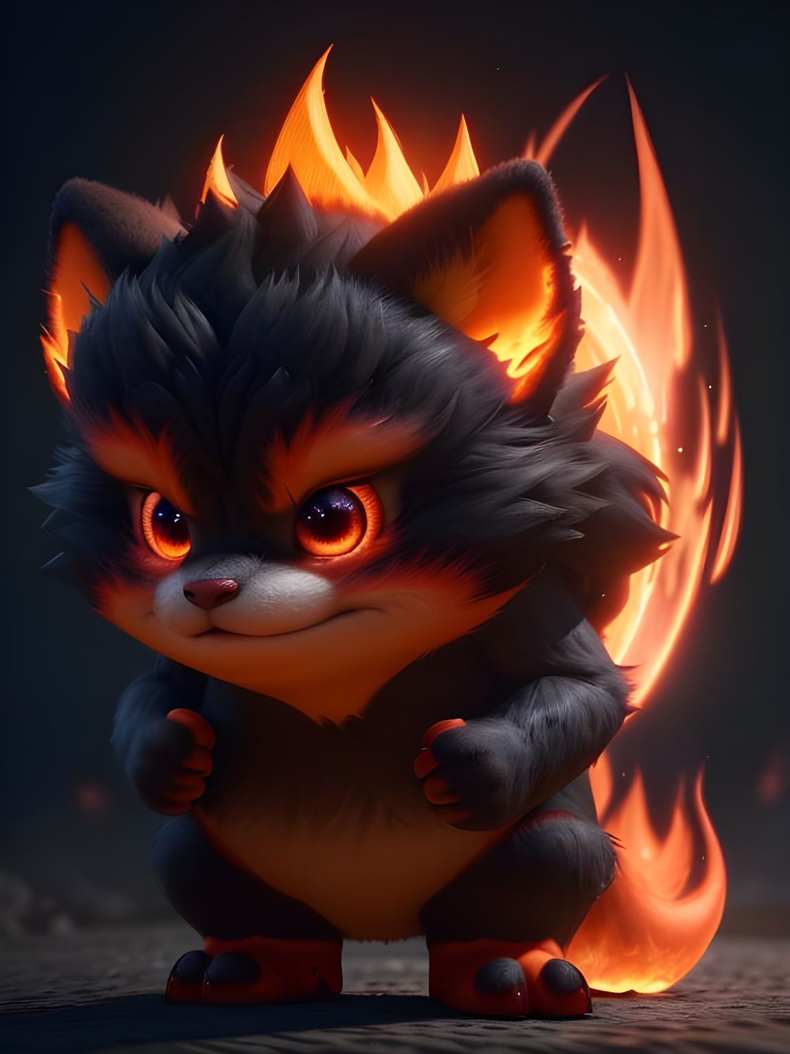 3d fire elemental, closeup cute and adorable, cute big circular reflective eyes, long fuzzy fur, Pixar render, unreal en...
